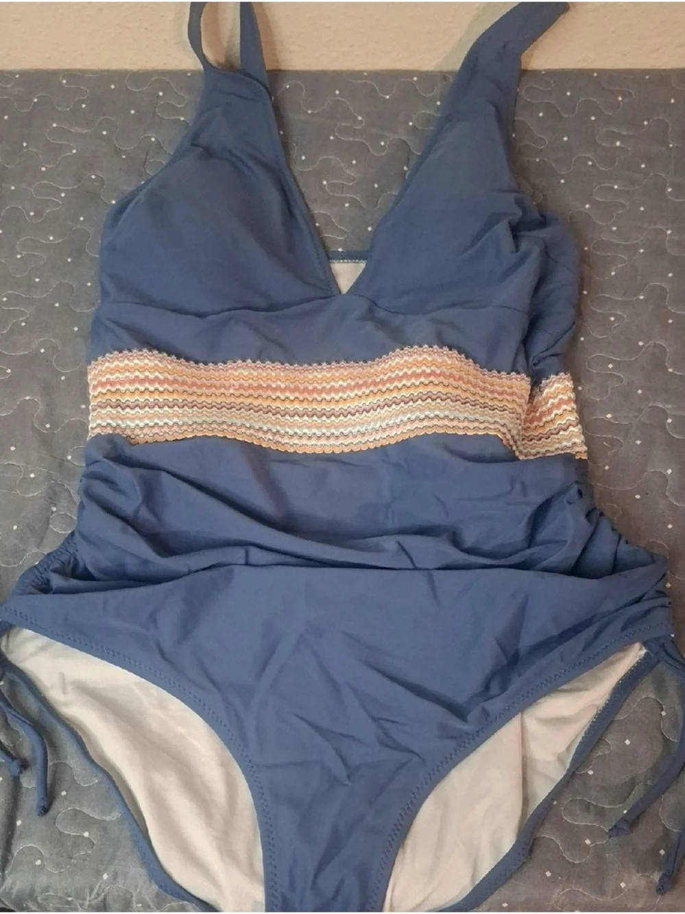 Girls Blue One-Piece Swimsuit with Chevron Waistband